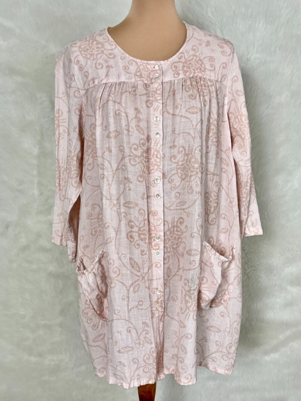 Gudrun Sjoden Pink Floral Cotton Linen Button Front Elisabeth Smock Blouse M